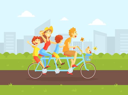 Happy Family Riding Tandem Bicycle, Father, Mother, Daughter and Son Cycling on Summer Landscape, Family Outdoor Activity Vector Illustration, Web Design.のイラスト素材