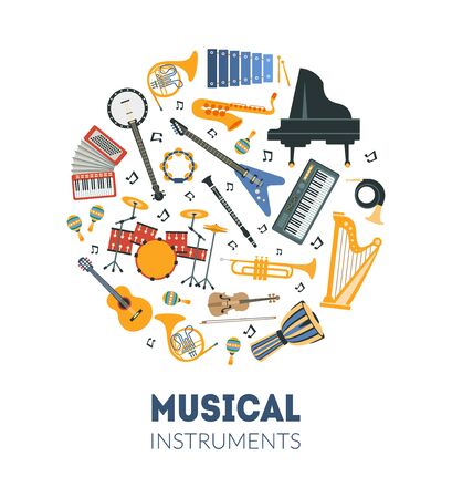Musical Instruments Banner Template with Seamless Pattern of Round Shape Vector Illustrationのイラスト素材