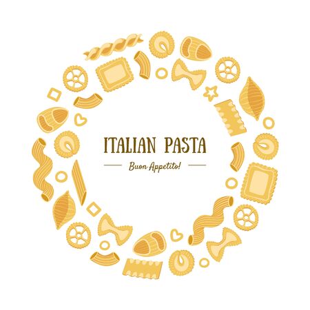 Italian Pasta Banner Template Round Frame with Different Types of Traditional Pasta Can Be Used for Menu, Packaging, Fyer, Card Vector Illustration, Web Design.のイラスト素材