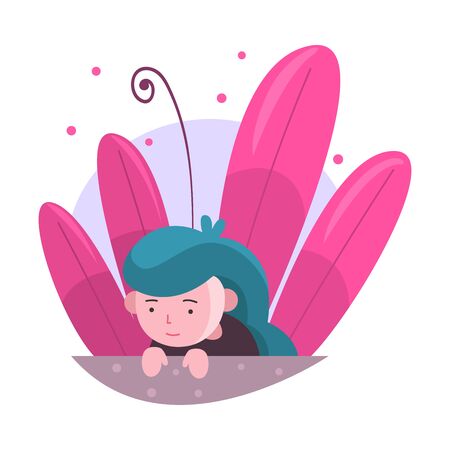 Cute Long Haired Little Girl Hiding in Bushes, Adorable Kid Peeking Out of Colorful Dense Grass, Bright Imaginary World Vector Illustrationのイラスト素材