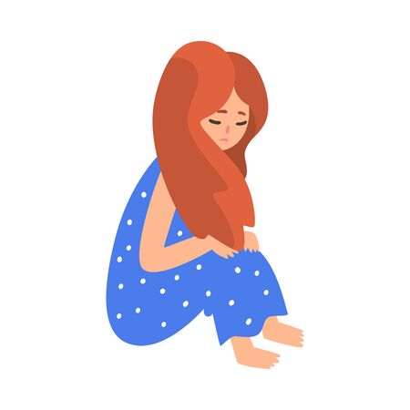Depressed Girl Sitting on Floor Hugging Her Knees, Unhappy Teenager, Lonely, Anxious, Abused Girl Vector Illustrationのイラスト素材