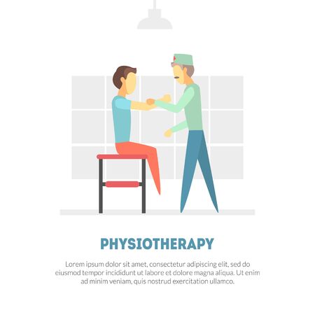 Male Patient Receiving Physical Therapy, Physiotherapy, Rehabilitation Banner Template, Orthopedic Exercises for People after Injuries Vector Illustrationのイラスト素材