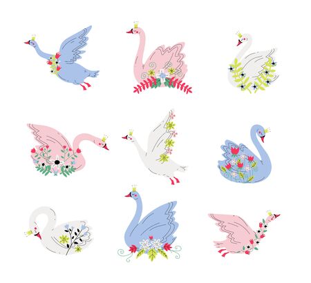 Beautiful Swans Princess with Golden Crowns and Flowers Set, Lovely Fairytale Birds Queens Vector Illustration on White Background.のイラスト素材