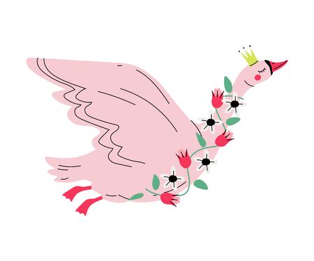 Beautiful Flying Swan Princess with Golden Crown and Flowers, Lovely Pink Fairytale Bird Queen Vector Illustration on White Background.のイラスト素材