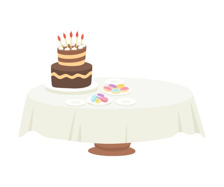 Festive Table with White Tablecloth Setting with Chocolate Cake with Candles and Macaroons Vector Illustration on White Background.のイラスト素材