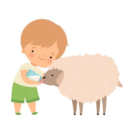 Cute Little Boy Feeding Lamb with Milk Bottle, Adorable Kid Caring for Animal at Farm Cartoon Vector Illustration on White Background.のイラスト素材