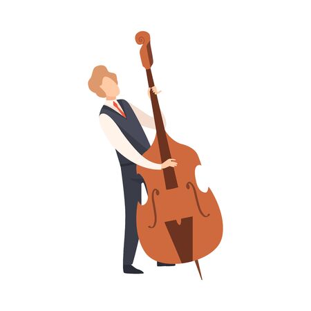 Man Playing Double Bass, Male Jazz Musician Character in Elegant Clothes with Musical Instrument Vector Illustration on White Background.のイラスト素材