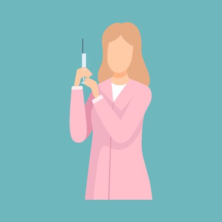 Female Doctor or Nurse with Syringe, Professional Medical Worker Character in Pink Lab Coat Doing Injection Vector Illustration, Flat Style.のイラスト素材