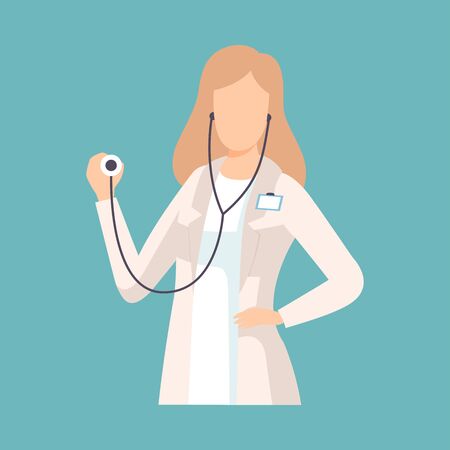 Female Doctor with Stethoscope, Professional Medical Worker Character in White Lab Coat Vector Illustration, Flat Style.のイラスト素材