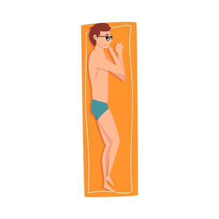 Young Man Sunbathing and Relaxing on Beach, Guy Enjoying Summer Vacation Vector Illustration on White Background.のイラスト素材