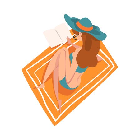 Beautiful Young Woman Sunbathing and Relaxing on Beach, Girl in Hat and Bikini Enjoying Summer Vacation Vector Illustration on White Background.のイラスト素材