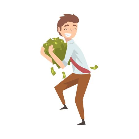 Happy Wealthy Businessman with Lot of Money, Lucky Successful Rich Person Vector Illustration on White Background.のイラスト素材