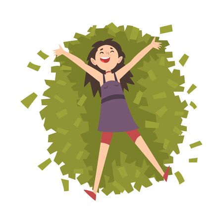 Lucky Successful Rich Girl Millionaire, Happy Wealthy Young Woman Lying on Pile of Money Vector Illustration on White Background.のイラスト素材