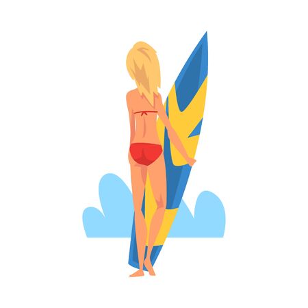Girl Surfer Character Standing with Surfboard, Recreational Beach Water Sport, Young Woman Enjoying Summer Vacation Vector Illustration on White Background.のイラスト素材