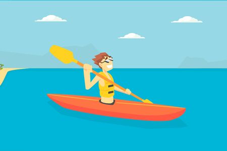 Man Paddling Kayak, Male Tourist Spending Active Vacation on Seaside, Kayaking Water Sport Vector Illustration, Web Design.のイラスト素材