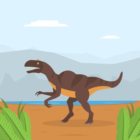 Dinosaur on Mountain Landscape, Prehistoric Animal on Nature Background Vector Illustrationのイラスト素材