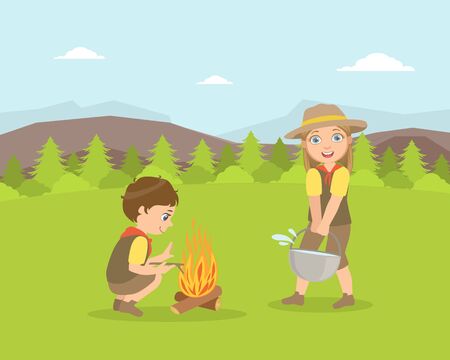 Kids Scouts Characters in Uniform Camping Next to Campfire on Nature Landscape, Kids Cooking Food on Bonfire Vector Illustration, Web Design.のイラスト素材
