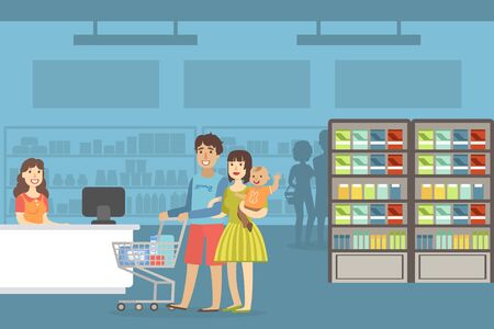 Happy Family Shopping in Supermarket, Smiling Retail Woman Cashier and Cheerful Parents and Their Toddler Baby, Mother Paying for Purchases with Card Vector Illustration in Flat Style.のイラスト素材