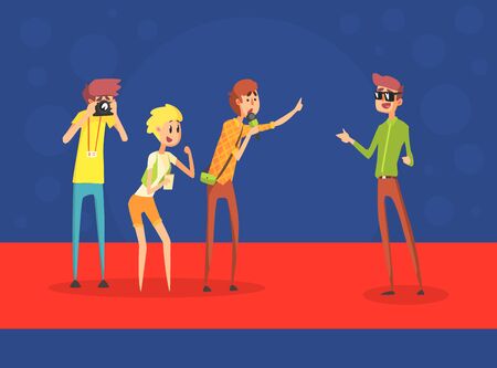 Journalists Interviewing Celebrity, Photorapher Making Photos of Male Famous Person, Mass Media, News Reporter, Paparazzi Vector Illustration in Flat Style.のイラスト素材