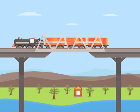 Freight Train Moving on the Bridge, Rail Transportation on Summer Mountain Landscape Vector Illustration in Flat Style.のイラスト素材