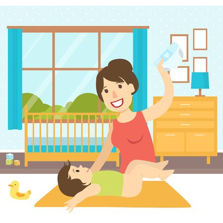 Mom Changing Diaper to Her Baby on Changing Table, Nursery Room Interior with Furniture Vector Illustration in Flat Style.のイラスト素材