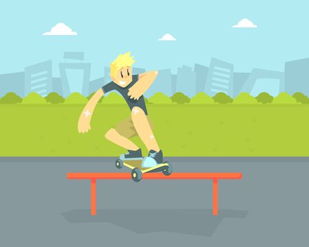 Teen Boy in Baseball Cap Riding Skateboard, Skateboarder Doing Jumping Trick Vector Illustration in Flat Style.のイラスト素材