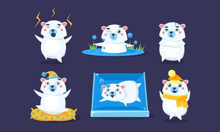 Cute White Guinea Pig Character Set, Funny Cavy in Different Situations Cartoon Vector Illustration.のイラスト素材