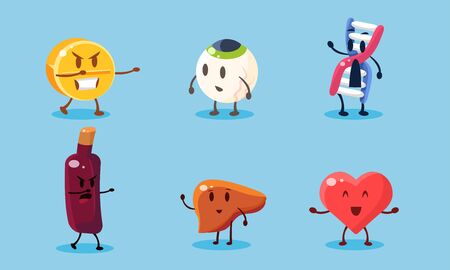 Bad Habits Set, Destruction of Human Organs, Harmful Dependance of Alcohol and Drugs Vector Illustration on Light Blue Background.のイラスト素材