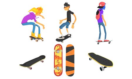 Teens Skateboarders and Skateboards Set, Active Lifestyle, Extreme Sport Equipment Vector Illustration on White Background.のイラスト素材