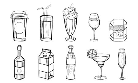 Hand Drawn Drinks Set, Alcoholic and Non Alcoholic Beverages, Coffee, Juice, Cocktails, Soda, Milk Monocrome Vector Illustration on White Background.のイラスト素材