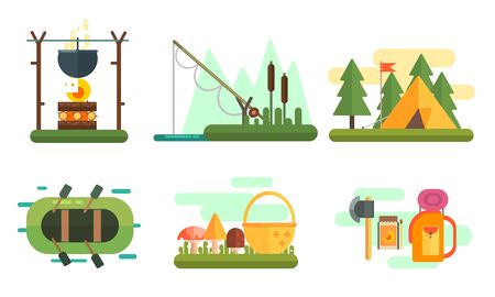 Tourist Equipment Set, Camping and Fishing Elements, Bonfire, Tourist Tent, Fishing Boat, Guitar Summer Outdoor Activities Vector Illustration on White Background.のイラスト素材