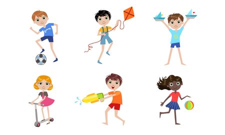 Summer Kids Outdoor Activities Set, Boys and Girls Playing with Toys, Riding Kick Scooter Vector Illustrationのイラスト素材