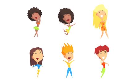 Happy People Cartoon Characters Set, Guys and Girls Dancing, Jumping and Having Fun Vector Illustration on White Background.のイラスト素材