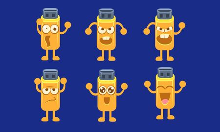 Flash Drive Characters Set, Funny Memory Cards Stick with Different Emotions Vector Illustration on Blue Background.のイラスト素材