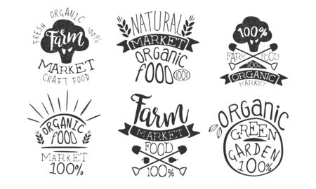 Farm Market Retro Labels Set, Fresh Organic Natural Craft Food, Organic Green Garden Hand Drawn Badges Monochrome Vector Illustrationのイラスト素材