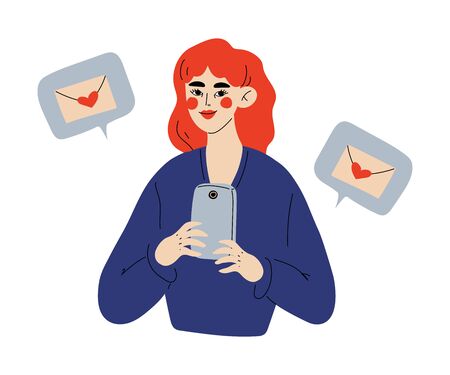 Online Dating, Beautiful Girl Using Smartphone for Dating or Searching for Romantic Partner, Young Woman Sending Messages Vector Illustration on White Background.のイラスト素材