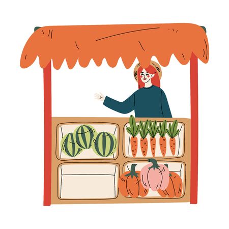 Young Woman Selling Fresh Vegetables at Farmers Market, Fresh Natural Organic Products on Counter Vector Illustrationのイラスト素材