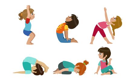 Cute Kids Performing Gymnastics And Yoga Exercises Set, Physical Activity and Healthy Lifestyle Vector Illustrationのイラスト素材