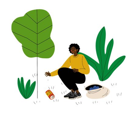 African American Man Gathering Garbage and Plastic Waste, Male Volunteer Picking Up Litter in Park, Volunteering, Ecological Lifestyle Vector Illustrationのイラスト素材
