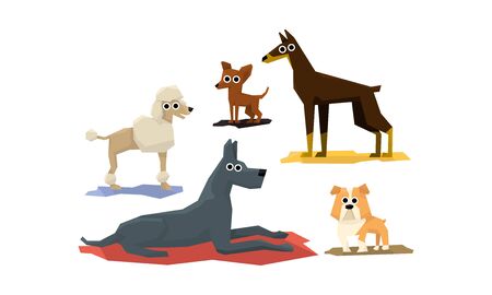 Funny Dogs of Different Breads Set, Cute Pet Animals Characters Vector Illustrationのイラスト素材