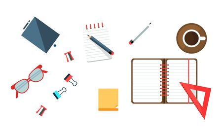 Office Worker Workplace Elements Set, Freelancer, Businessman Desk Top View Vector Illustrationのイラスト素材