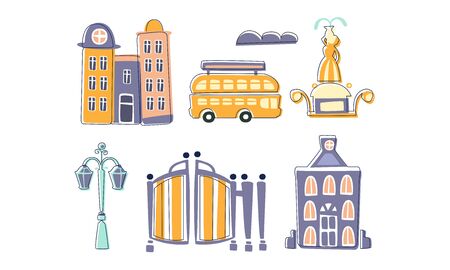 City Landscape Elements Set, Town Residential Houses, Fountain, Lantern, Bus Hand Drawn Vector Illustrationのイラスト素材