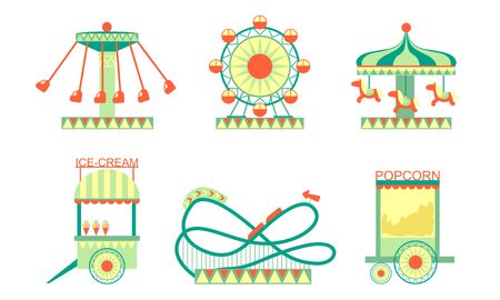 Amusement Park Attractions Icons Set, Roller Coaster, Ferris Wheel, Ice Cream and Popcorn Carts Vector Illustrationのイラスト素材