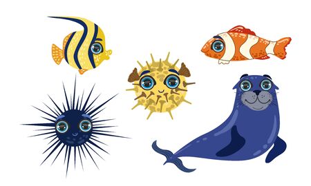 Cute Sea Creatures Collection, Adorable Ocean Animals and Fishes Vector Illustration on White Background.のイラスト素材