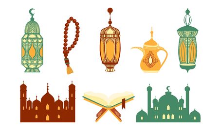 Ramadan Kareem Symbols Set, Islamic Holy Holiday Signs Vector Illustrationのイラスト素材