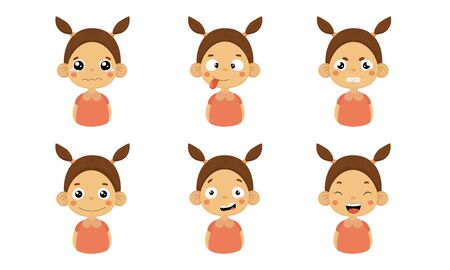 Cute Girl Facial Emotions Set, Kids Face with Different Expressions Vector Illustration on White Background.のイラスト素材