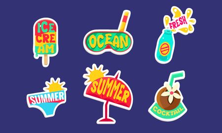 Summer Stickers Set, Cute Holidays Trendy Patches Vector Illustrationのイラスト素材