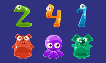 Collection of Jelly Creatures and Numbers, Glossy Colorful Cute Animals Vector Illustrationのイラスト素材