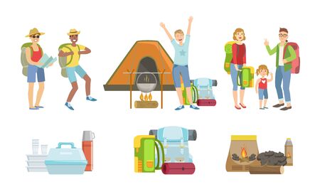 Happy People Characters Having Picnic Set, Touristic Equipment and Accessories Vector Illustrationのイラスト素材