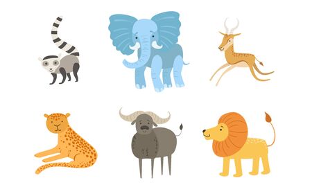 Cute African Animals Set, Raccoon, Elephant, Antelope, Tiger, Lion, Mountain, Sheep Vector Illustrationのイラスト素材